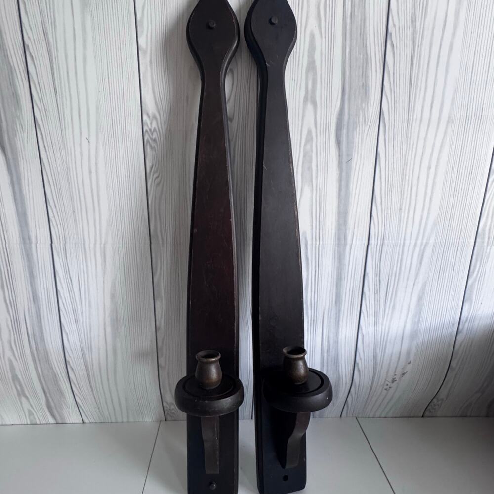 Vintage MCM Cornwall Wood Products Dark Wood Taper Candle Wall Sconce Set 2